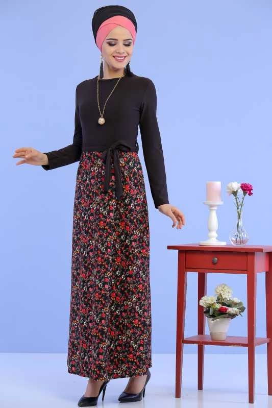 Çiçek Desen Elbise Siyah Siyah - 6799