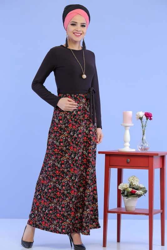 Çiçek Desen Elbise Siyah Siyah - 6799