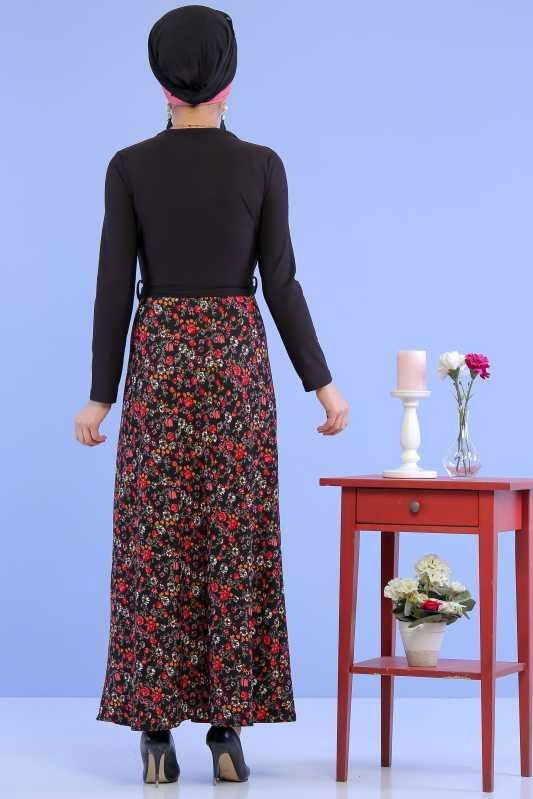 Çiçek Desen Elbise Siyah Siyah - 6799