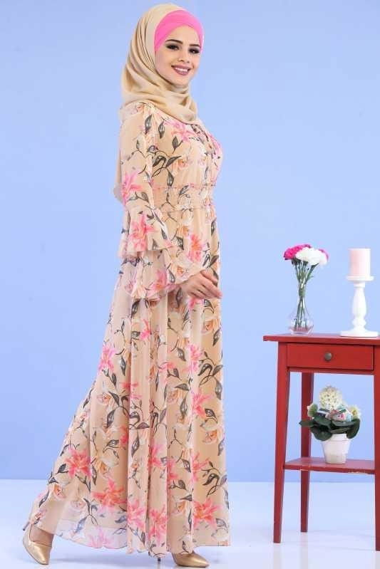Şifon Elbise Siyah Bej - 1068 BEJ