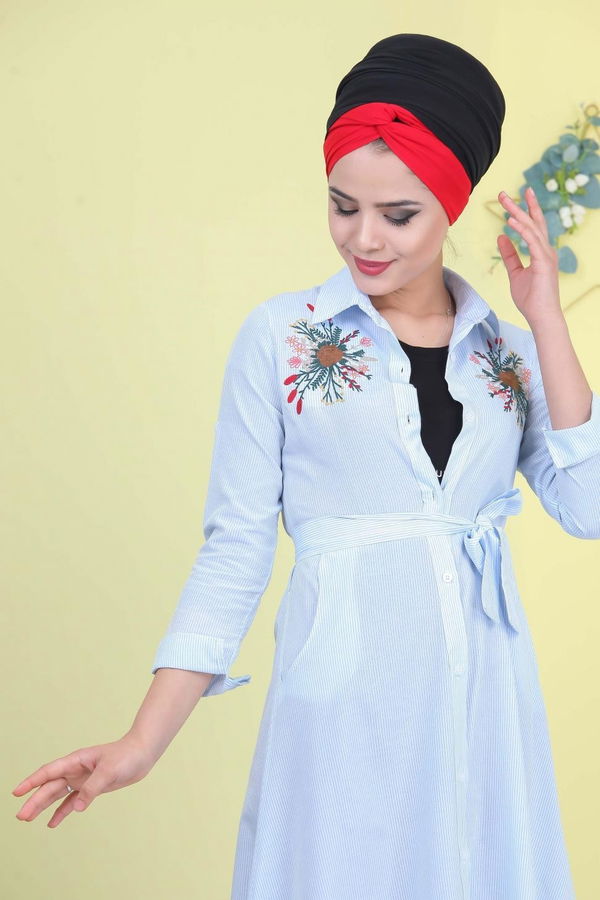 Çizgili Elbise Kırmızı Mavi - 6929 MAVİ