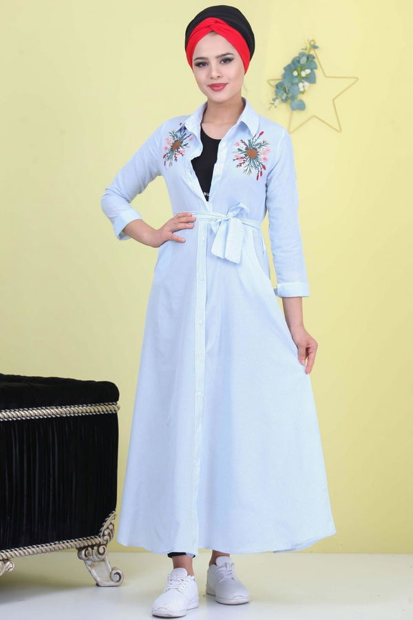 Çizgili Elbise Kırmızı Mavi - 6929 MAVİ