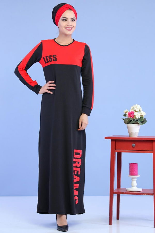 Penye Elbise Haki Kırmızı - 1142