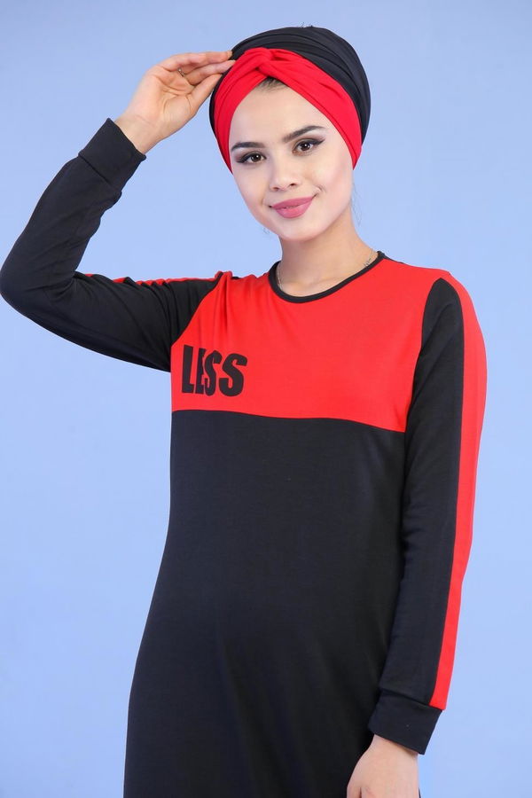 Penye Elbise Haki Kırmızı - 1142