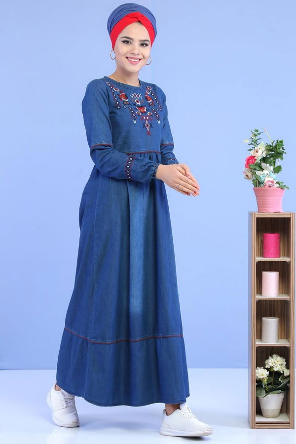 Nakışlı Kot Elbise Lacivert - 02 7034 Lacivert - 7034
