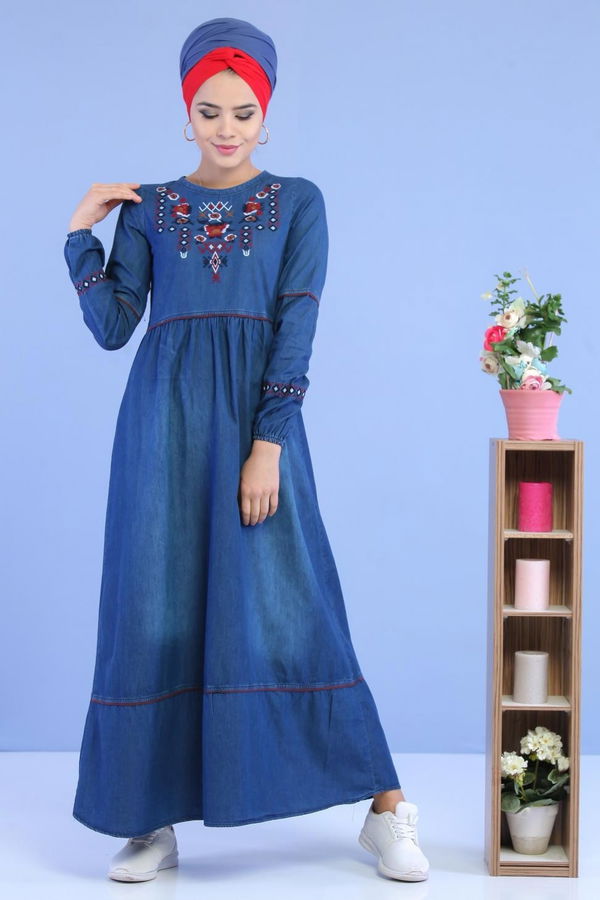 Nakışlı Kot Elbise Lacivert - 02 7034 Lacivert - 7034