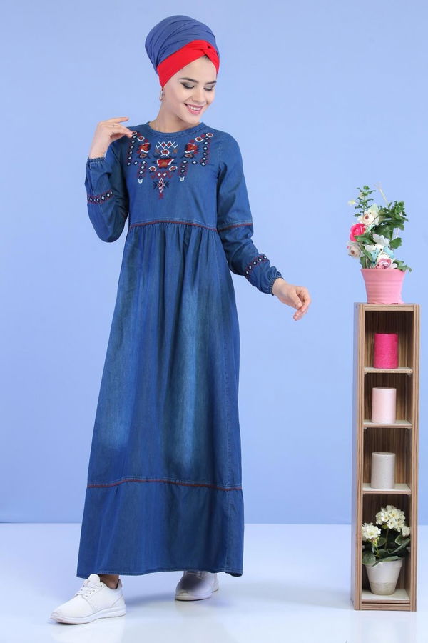 Nakışlı Kot Elbise Lacivert - 02 7034 Lacivert - 7034