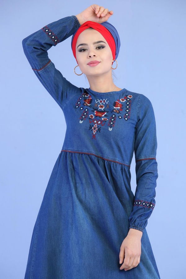 Nakışlı Kot Elbise Lacivert - 02 7034 Lacivert - 7034