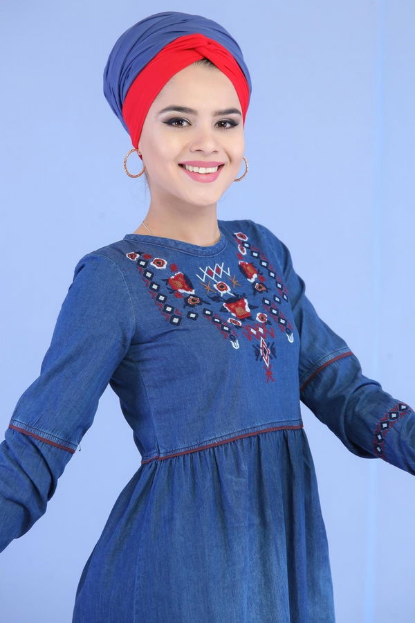Nakışlı Kot Elbise Lacivert - 02 7034 Lacivert - 7034
