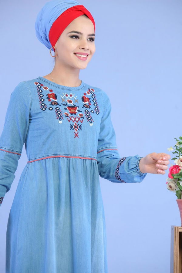 Nakışlı Kot Elbise Mavi - 02 7034 Mavi - 7034 MAVİ