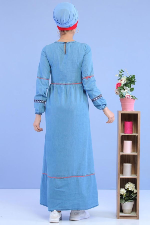 Nakışlı Kot Elbise Mavi - 02 7034 Mavi - 7034 MAVİ