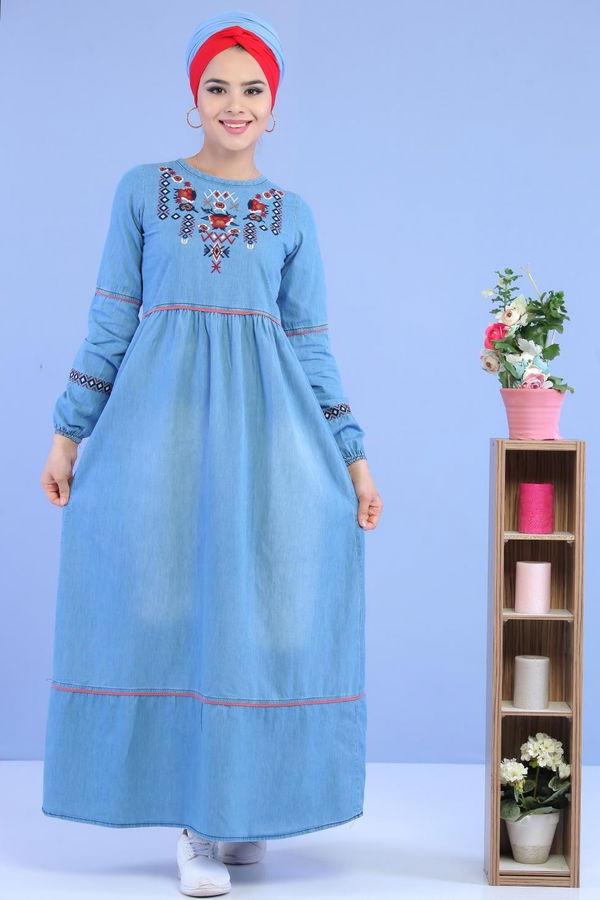 Nakışlı Kot Elbise Mavi - 02 7034 Mavi - 7034 MAVİ