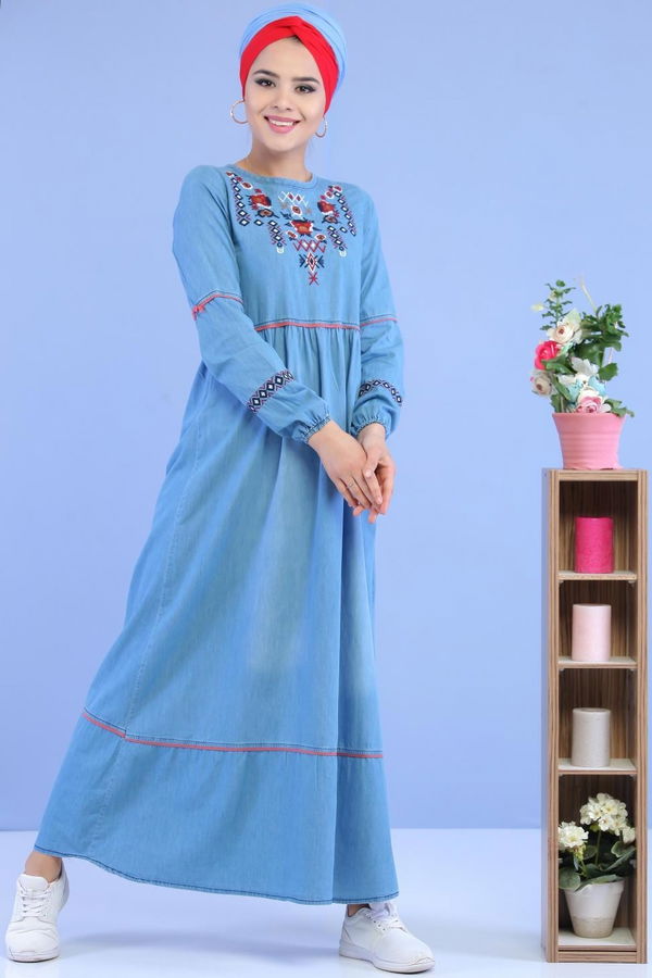Nakışlı Kot Elbise Mavi - 02 7034 Mavi - 7034 MAVİ