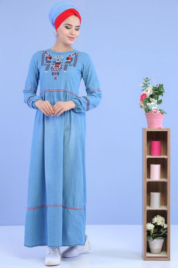 Nakışlı Kot Elbise Mavi - 02 7034 Mavi - 7034 MAVİ