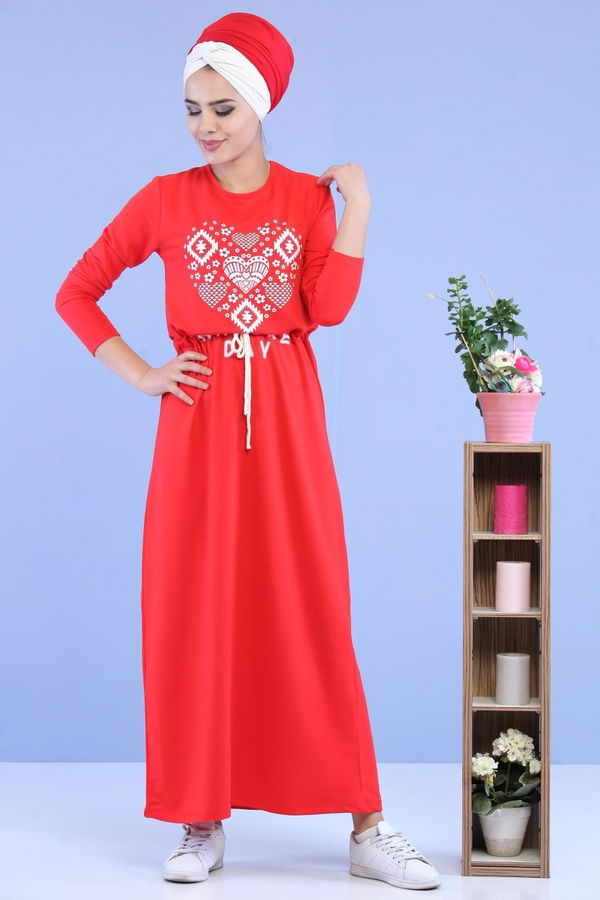 Baskılı Elbise Siyah Kırmızı - 5124