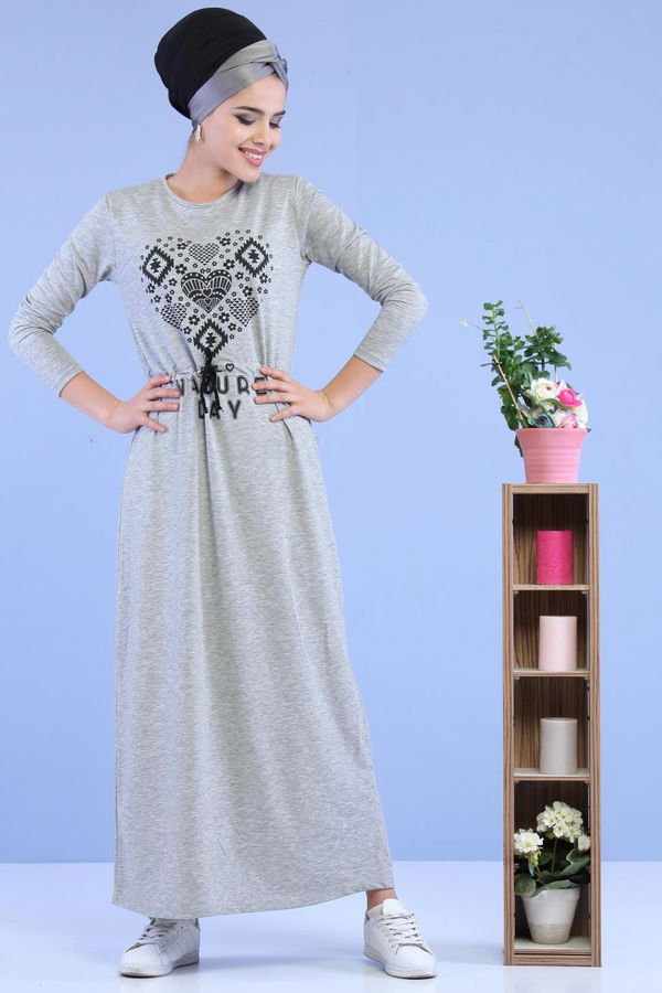 Baskılı Elbise Siyah Gri - 5124