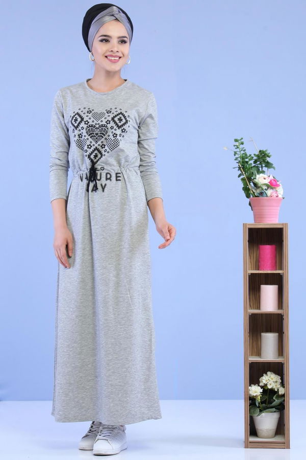 Baskılı Elbise Siyah Gri - 5124