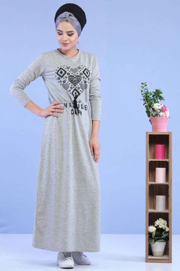 Baskılı Elbise Siyah Gri - 5124