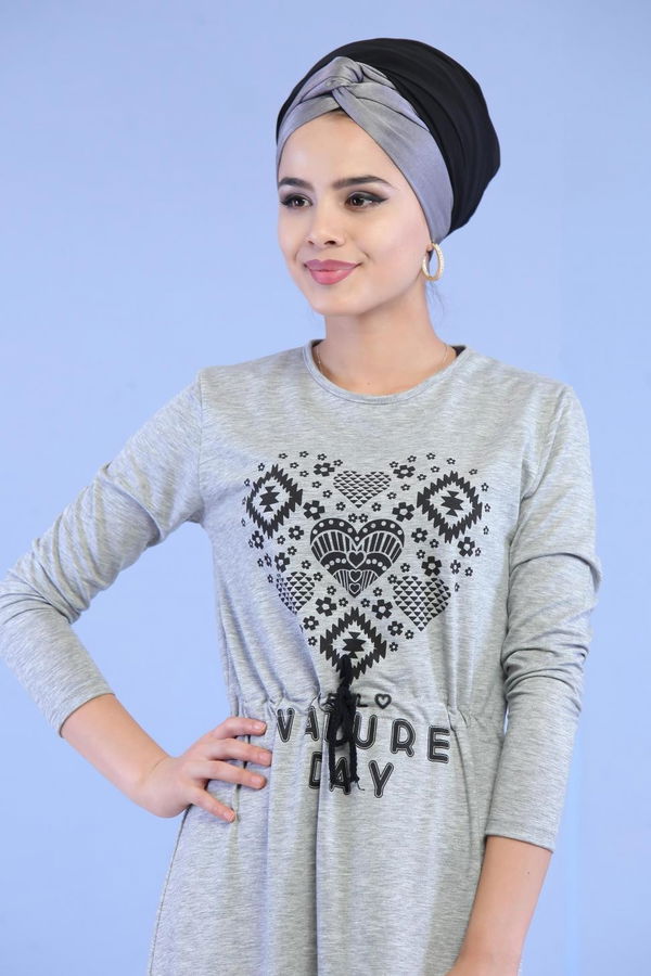 Baskılı Elbise Siyah Gri - 5124