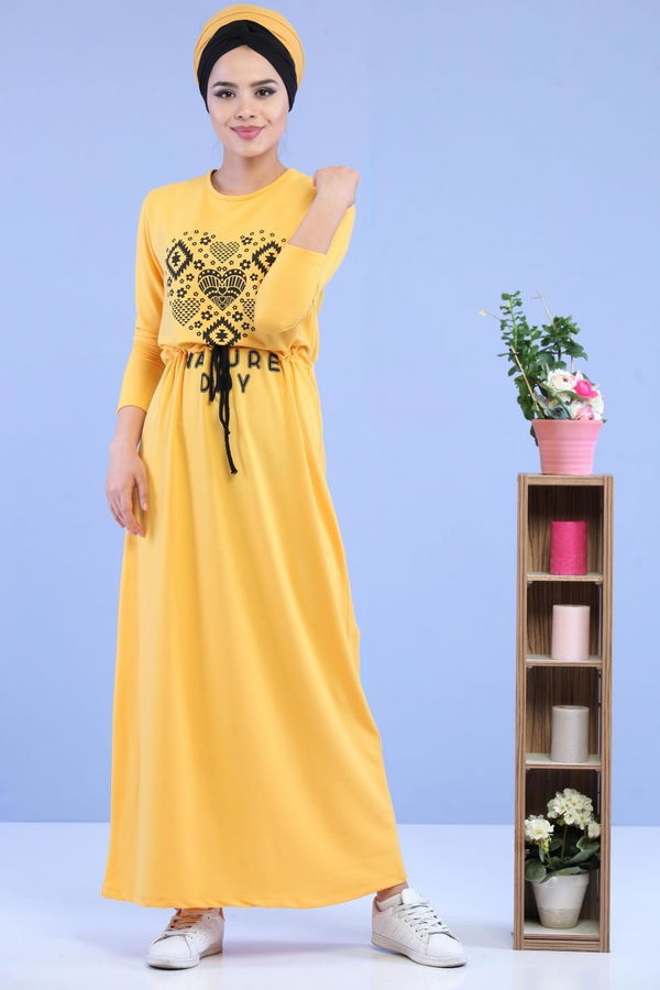 Baskılı Elbise Siyah Sarı - 5124