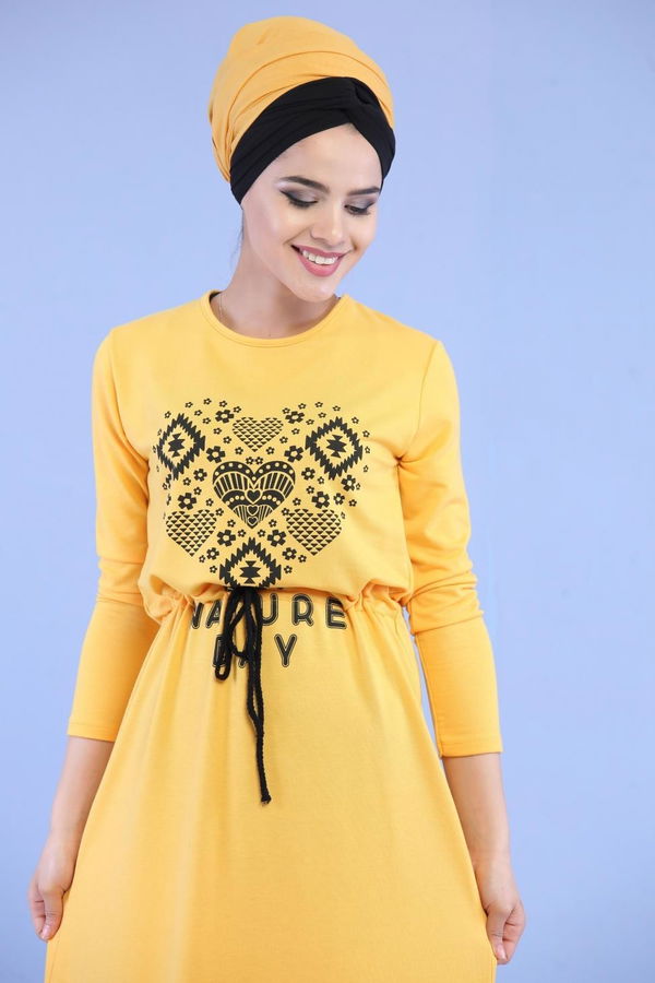 Baskılı Elbise Siyah Sarı - 5124