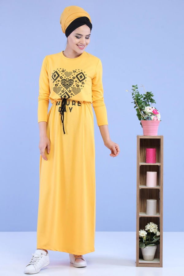 Baskılı Elbise Siyah Sarı - 5124