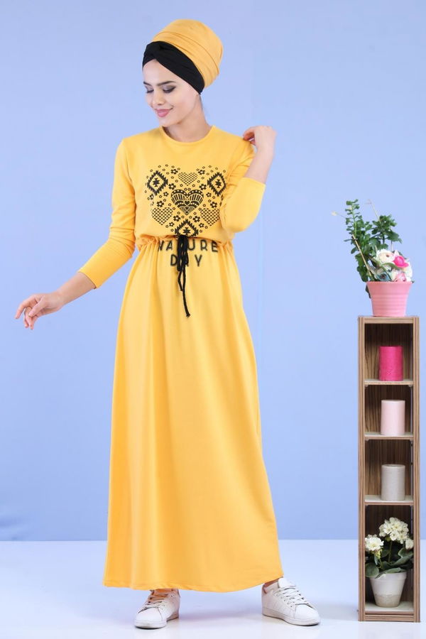 Baskılı Elbise Siyah Sarı - 5124