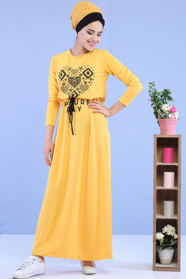 Baskılı Elbise Siyah Sarı - 5124