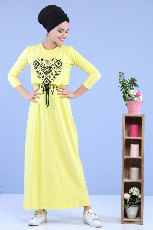 Baskılı Elbise Siyah Sarı - 5124