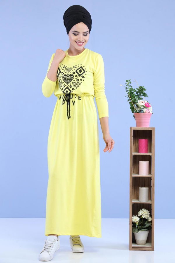 Baskılı Elbise Siyah Sarı - 5124