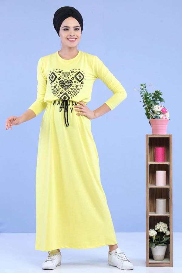 Baskılı Elbise Siyah Sarı - 5124