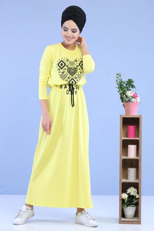 Baskılı Elbise Siyah Sarı - 5124