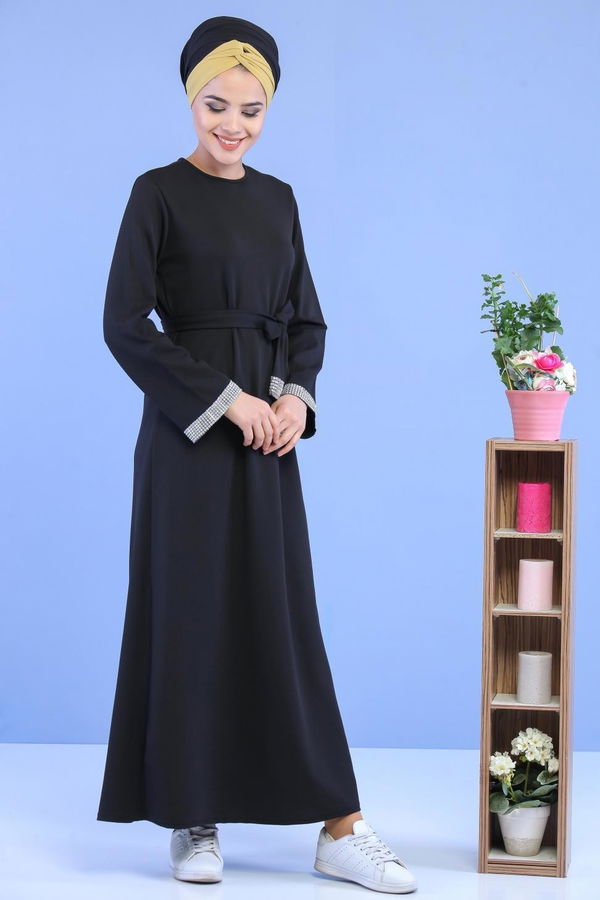 Kuşaklı Elbise Siyah Siyah - 6917