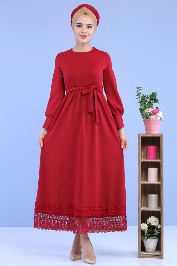 Kuşaklı Elbise Bordo - 02 7080 Bordo - 7080