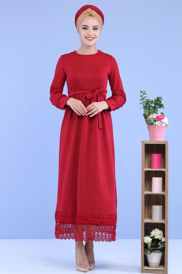 Kuşaklı Elbise Bordo - 02 7080 Bordo - 7080