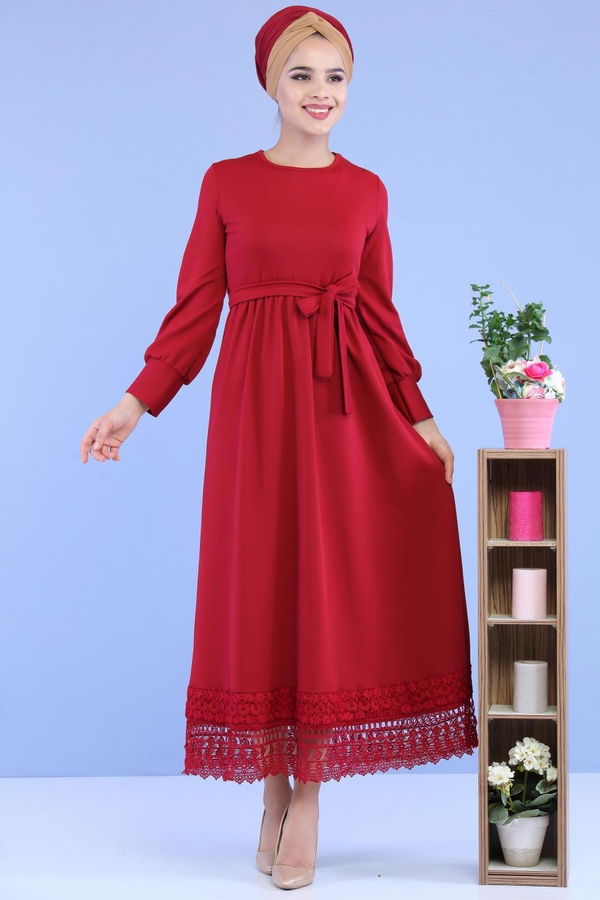 Kuşaklı Elbise Bordo - 02 7080 Bordo - 7080