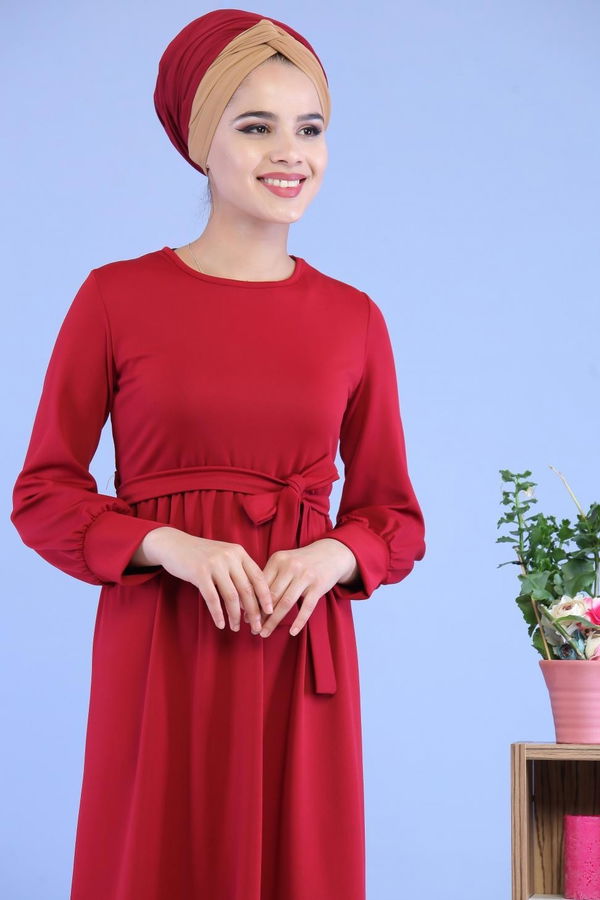 Kuşaklı Elbise Bordo - 02 7080 Bordo - 7080