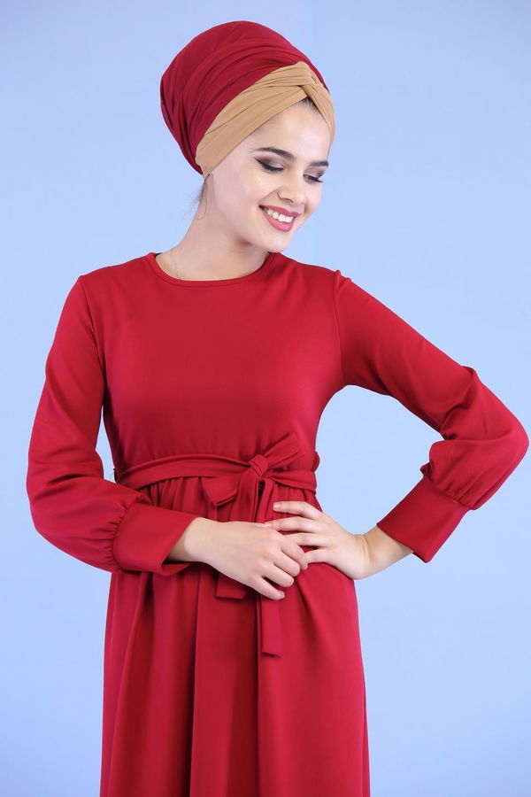 Kuşaklı Elbise Bordo - 02 7080 Bordo - 7080