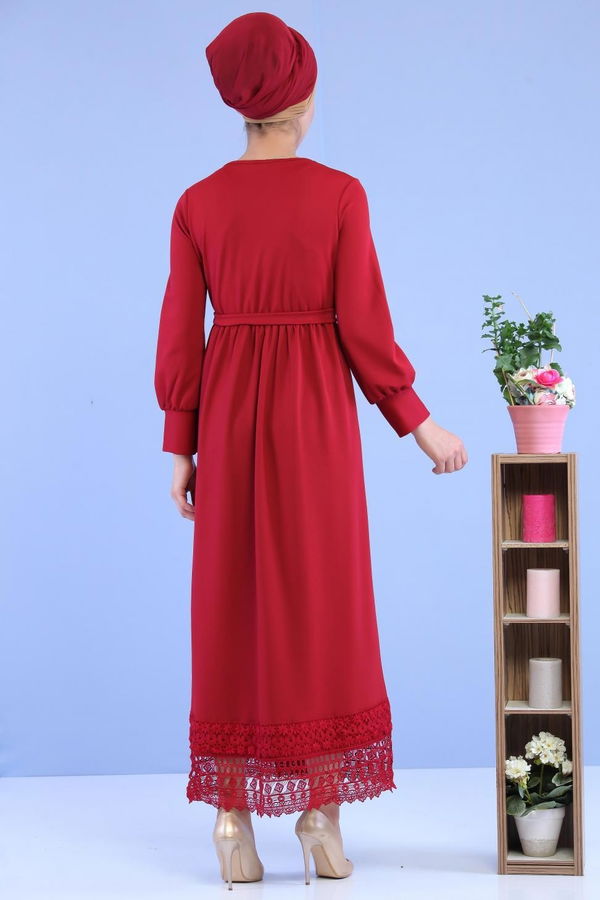 Kuşaklı Elbise Bordo - 02 7080 Bordo - 7080