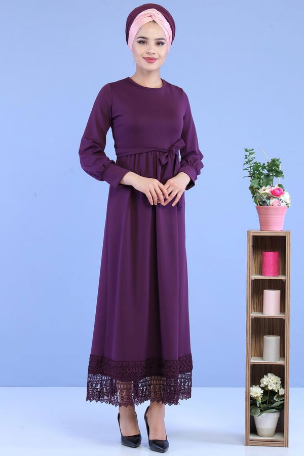 Kuşaklı Elbise Mor - 02 7080 Mor - 7080