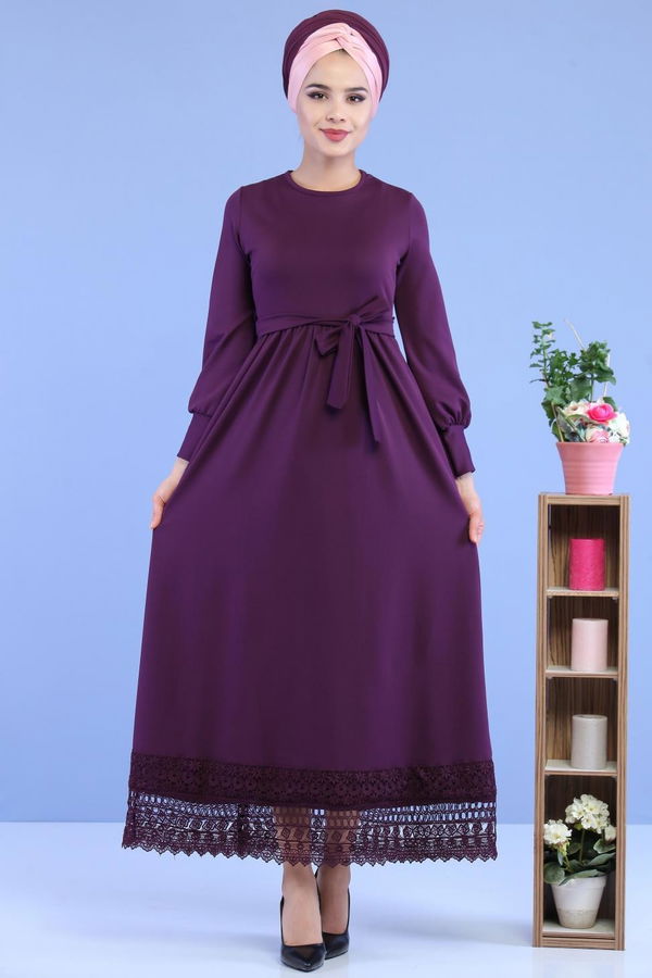Kuşaklı Elbise Mor - 02 7080 Mor - 7080