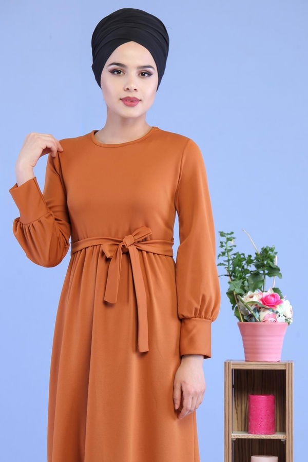 Kuşaklı Elbise Taba - 02 7080 Taba - 7080