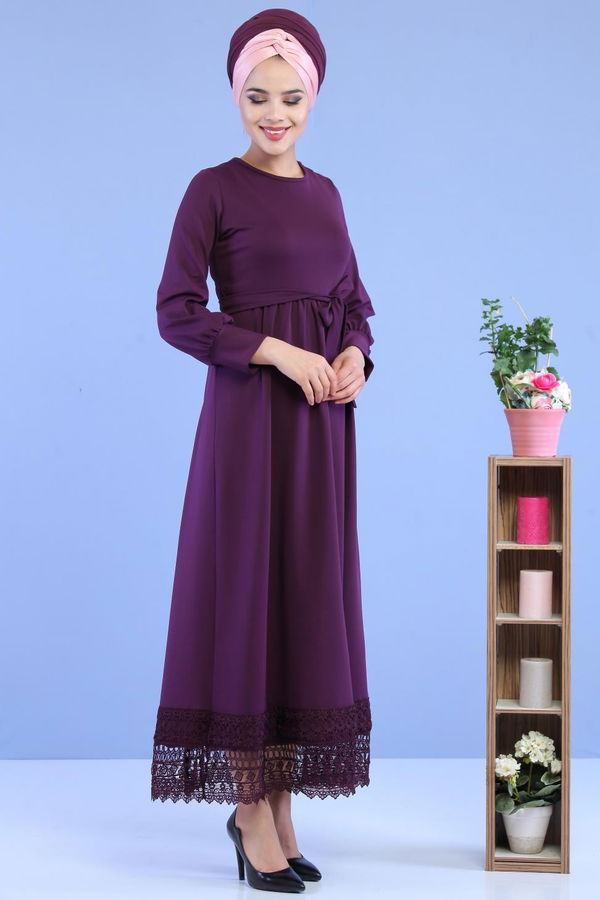 Kuşaklı Elbise Mor - 02 7080 Mor - 7080
