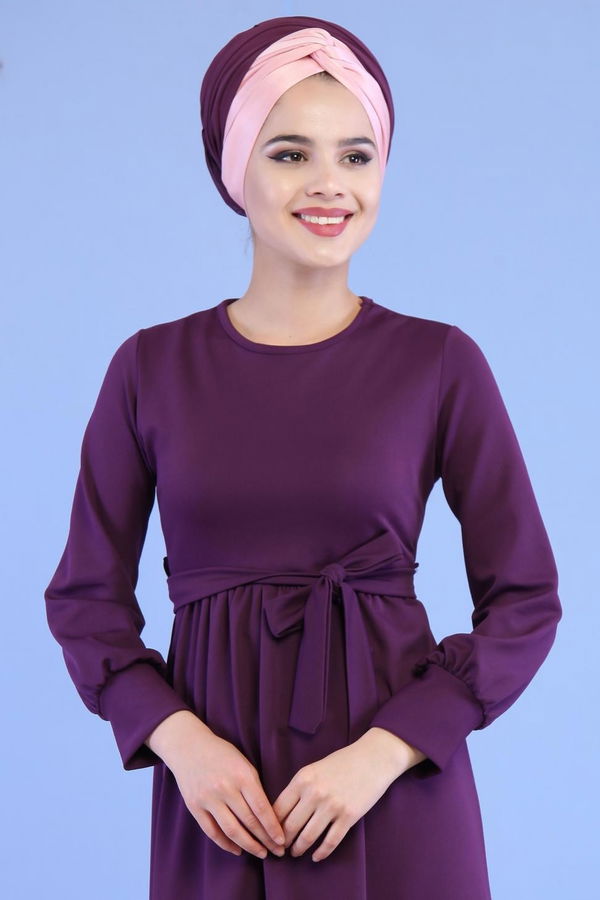 Kuşaklı Elbise Mor - 02 7080 Mor - 7080