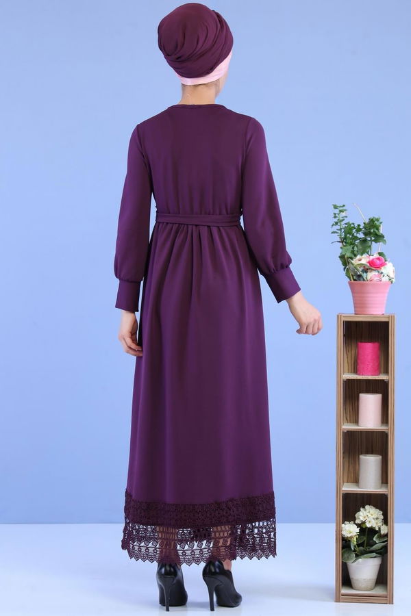 Kuşaklı Elbise Mor - 02 7080 Mor - 7080