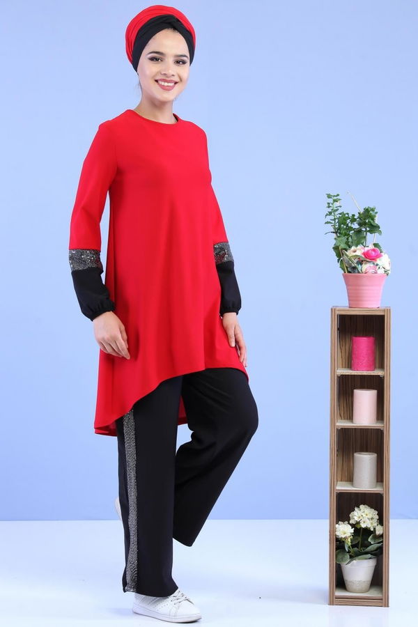 Tunik Pantolon Siyah Kırmızı - 7088 Kırmızı