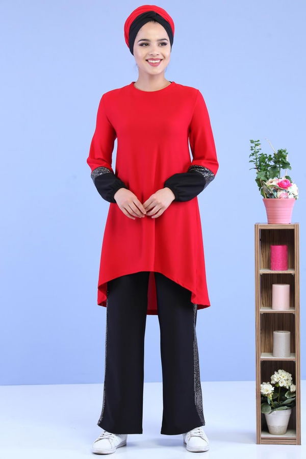 Tunik Pantolon Siyah Kırmızı - 7088 Kırmızı
