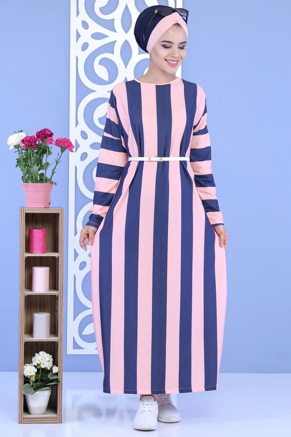 Çizgili Elbise Pudra - 03 5130 Pembe - 5130 PEMBE