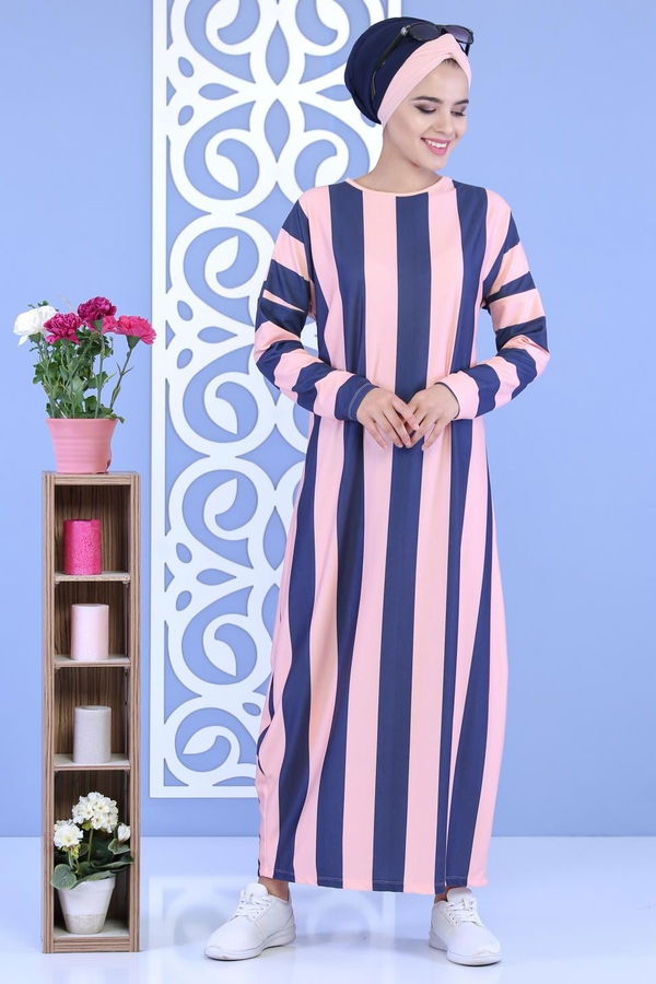 Çizgili Elbise Pudra - 03 5130 Pembe - 5130 PEMBE