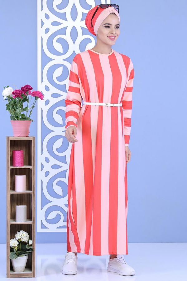 Çizgili Elbise Kırmızı - 03 5130 Kırmızı - 5130